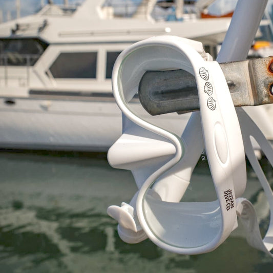 White snorkel mask attached to a metal railing with boats in the background