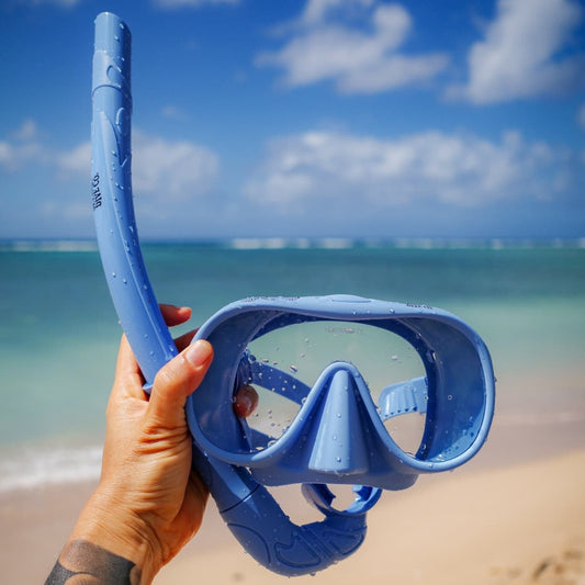Blue diving mask held by a hand on a beach with ocean and sky in the background