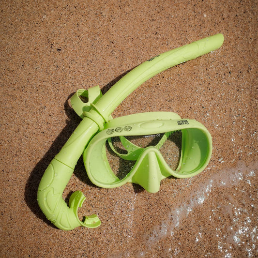 Green snorkel and mask on wet sand with ocean water